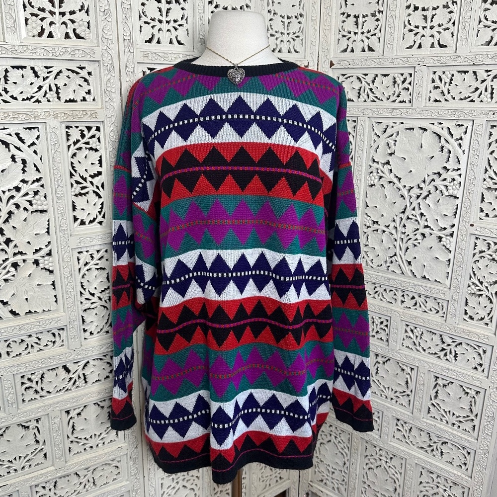 Vintage Colorful Geometric Aztec Retro Grannycore Grandpa Sweater One‎ Size